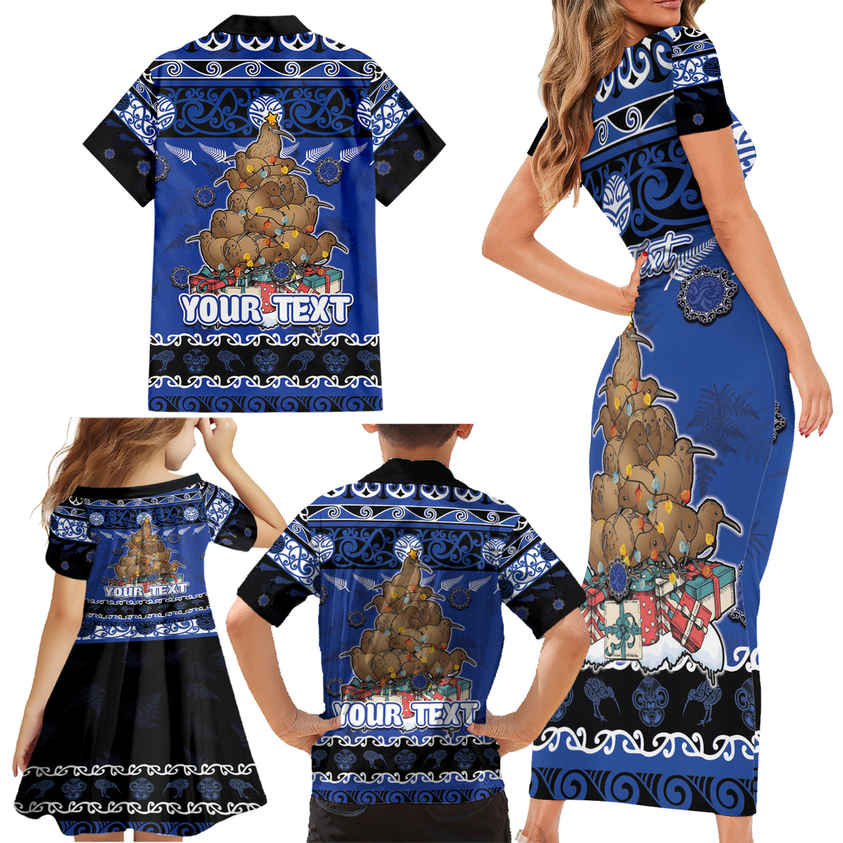 Personalised New Zealand July Christmas Family Matching Short Sleeve Bodycon Dress and Hawaiian Shirt Maori Kiwi Xmas Tree - Blue