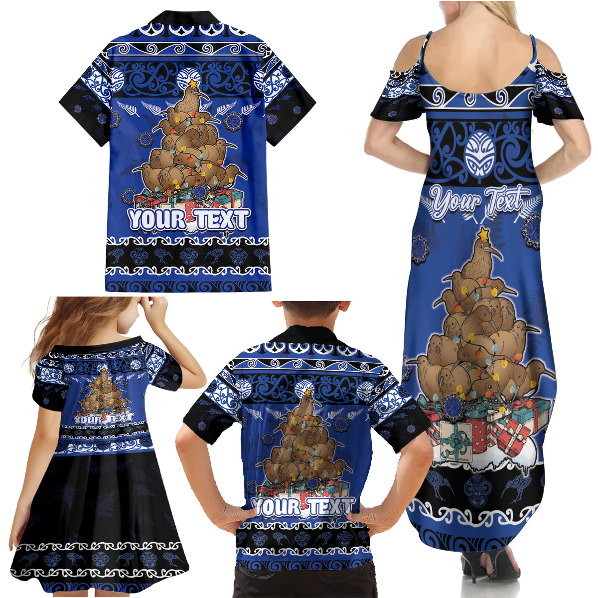 Personalised New Zealand July Christmas Family Matching Summer Maxi Dress and Hawaiian Shirt Maori Kiwi Xmas Tree - Blue
