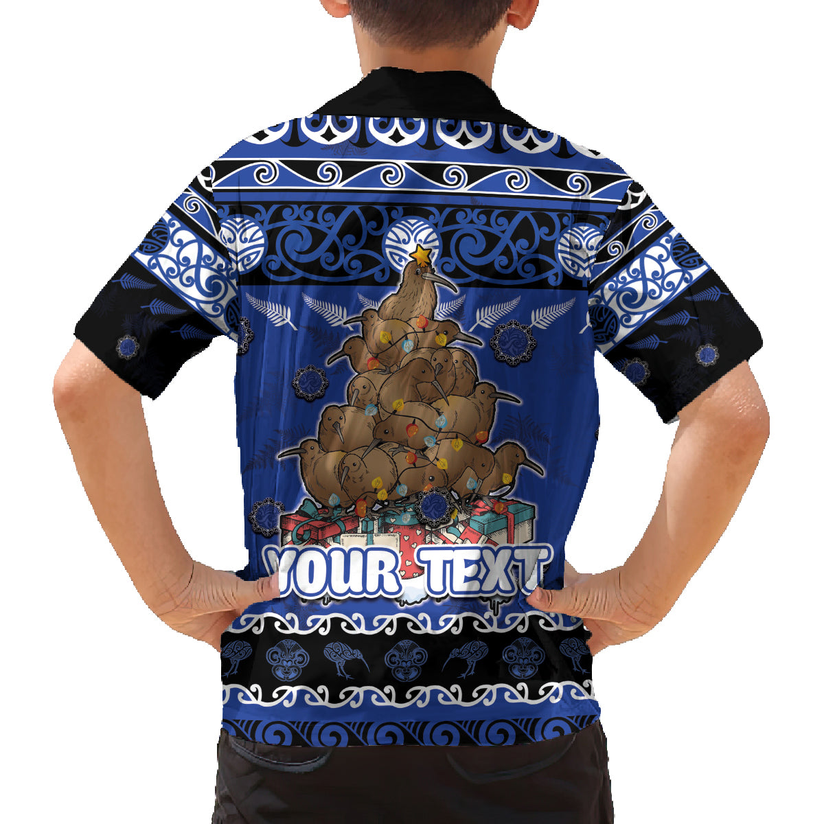 Personalised New Zealand July Christmas Family Matching Tank Maxi Dress and Hawaiian Shirt Maori Kiwi Xmas Tree - Blue