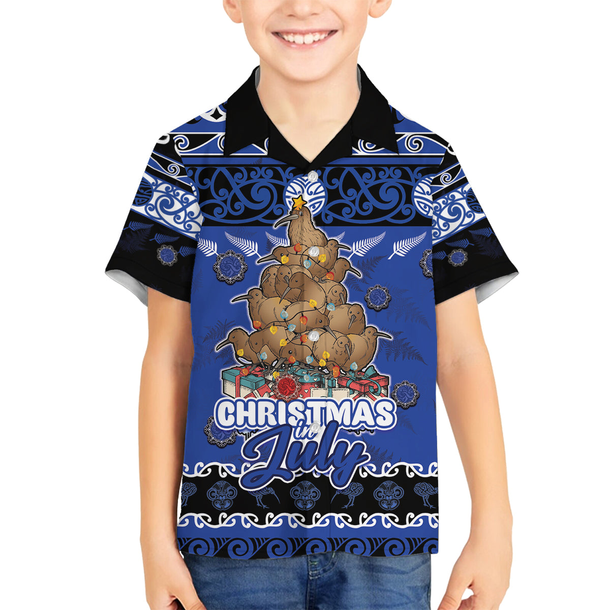 Personalised New Zealand July Christmas Family Matching Tank Maxi Dress and Hawaiian Shirt Maori Kiwi Xmas Tree - Blue