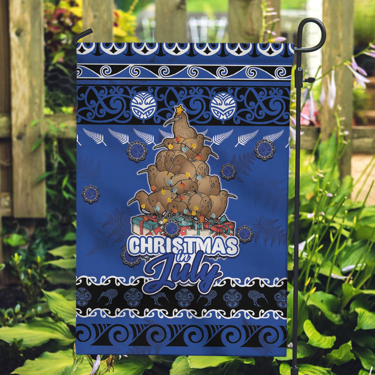New Zealand July Christmas Garden Flag Maori Kiwi Xmas Tree - Blue LT05 Garden Flag Blue - Polynesian Pride