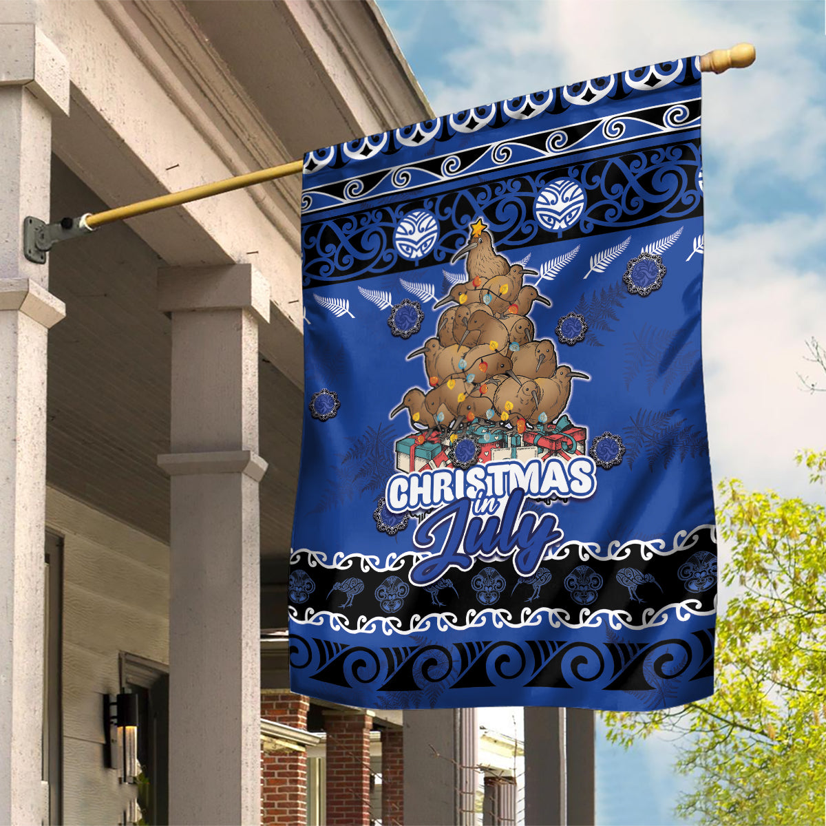 New Zealand July Christmas Garden Flag Maori Kiwi Xmas Tree - Blue LT05 House Flag Blue - Polynesian Pride