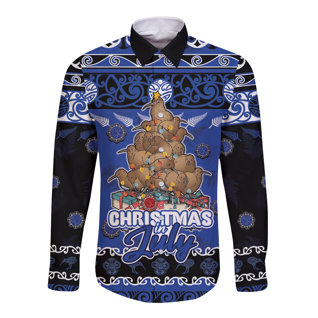 Personalised New Zealand July Christmas Long Sleeve Button Shirt Maori Kiwi Xmas Tree - Blue LT05 Unisex Blue - Polynesian Pride