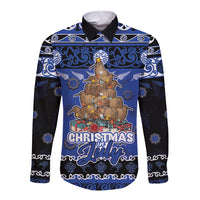 Personalised New Zealand July Christmas Long Sleeve Button Shirt Maori Kiwi Xmas Tree - Blue LT05 Unisex Blue - Polynesian Pride