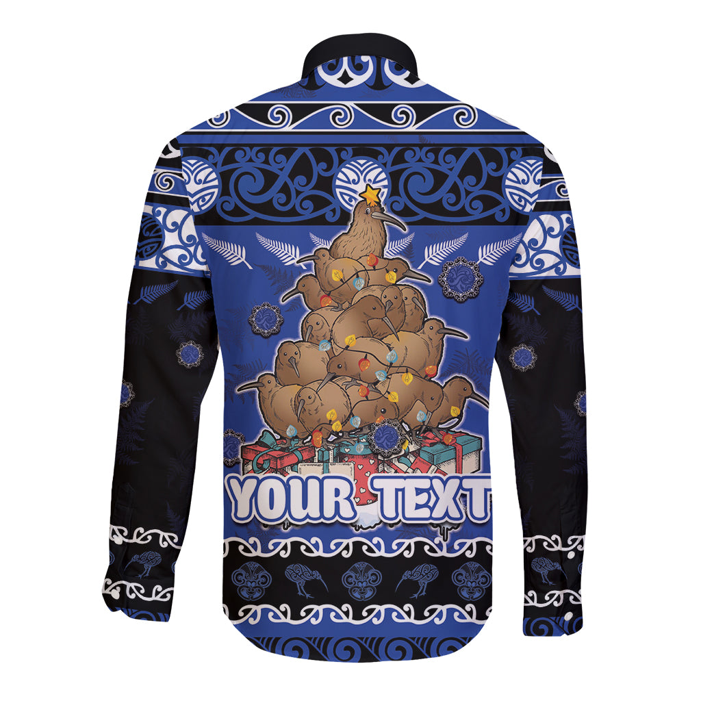 Personalised New Zealand July Christmas Long Sleeve Button Shirt Maori Kiwi Xmas Tree - Blue LT05 - Polynesian Pride
