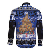 Personalised New Zealand July Christmas Long Sleeve Button Shirt Maori Kiwi Xmas Tree - Blue LT05 - Polynesian Pride