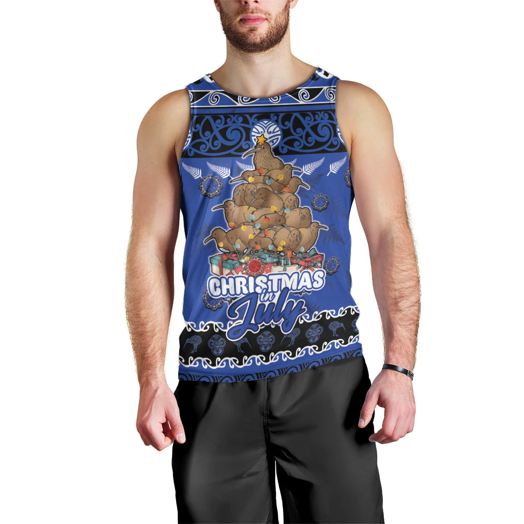 Personalised New Zealand July Christmas Men Tank Top Maori Kiwi Xmas Tree - Blue