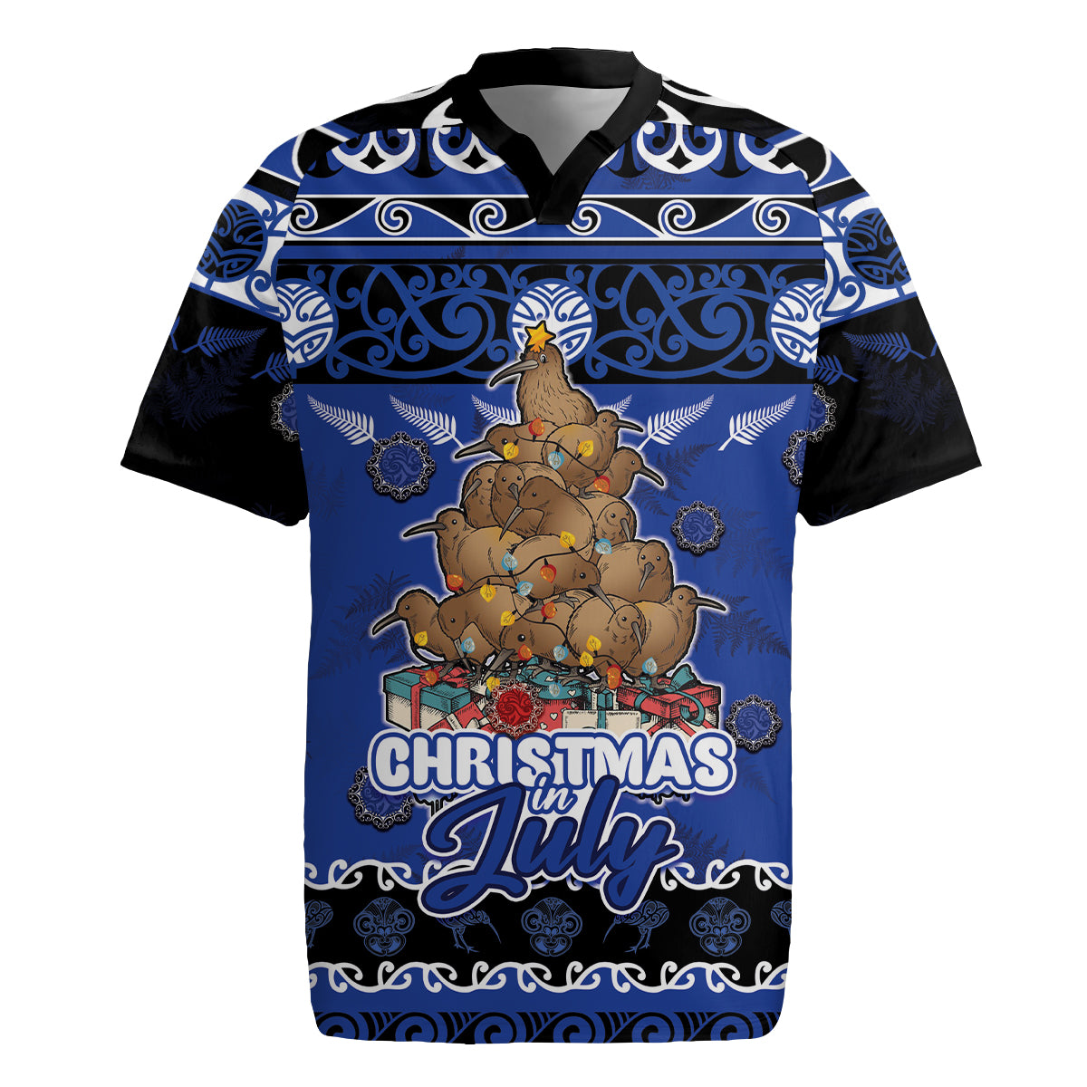 Personalised New Zealand July Christmas Rugby Jersey Maori Kiwi Xmas Tree - Blue