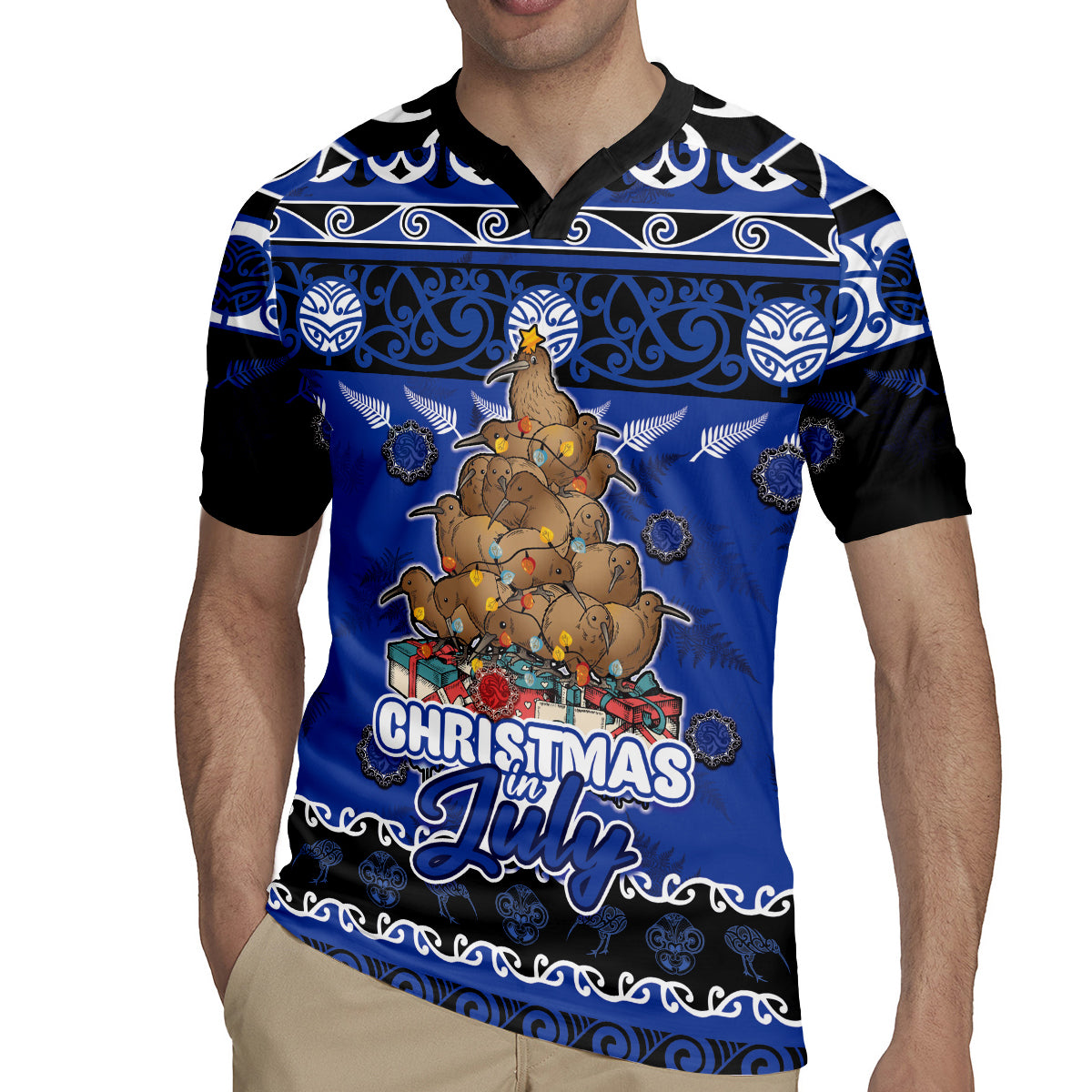 Personalised New Zealand July Christmas Rugby Jersey Maori Kiwi Xmas Tree - Blue
