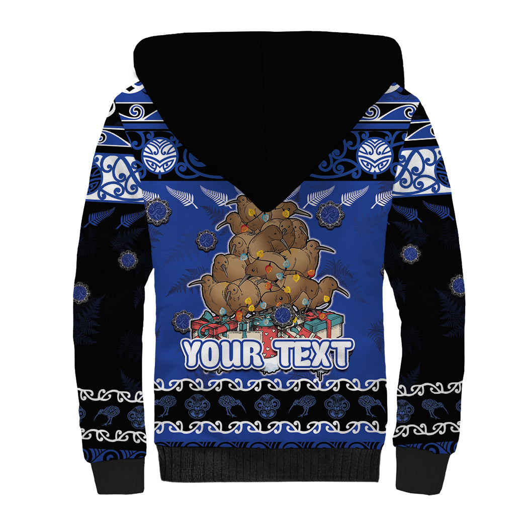 Personalised New Zealand July Christmas Sherpa Hoodie Maori Kiwi Xmas Tree - Blue