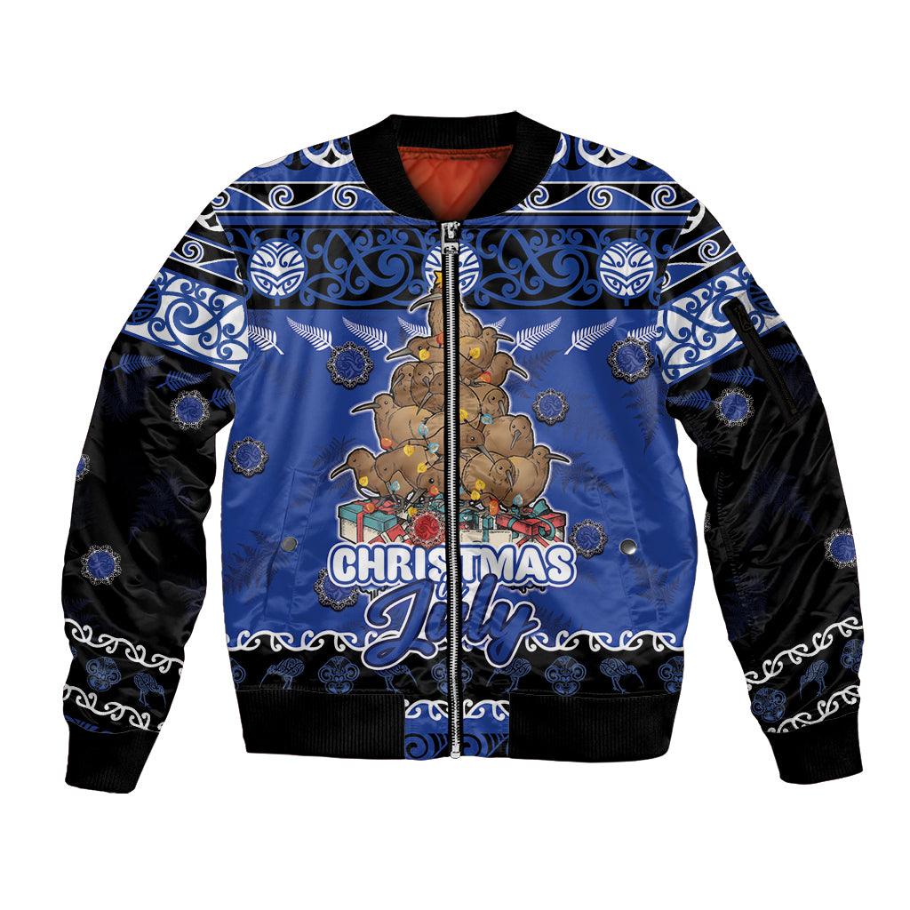 Personalised New Zealand July Christmas Sleeve Zip Bomber Jacket Maori Kiwi Xmas Tree - Blue