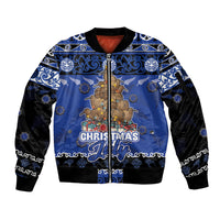 Personalised New Zealand July Christmas Sleeve Zip Bomber Jacket Maori Kiwi Xmas Tree - Blue