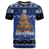 Personalised New Zealand July Christmas T Shirt Maori Kiwi Xmas Tree - Blue