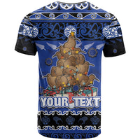 Personalised New Zealand July Christmas T Shirt Maori Kiwi Xmas Tree - Blue