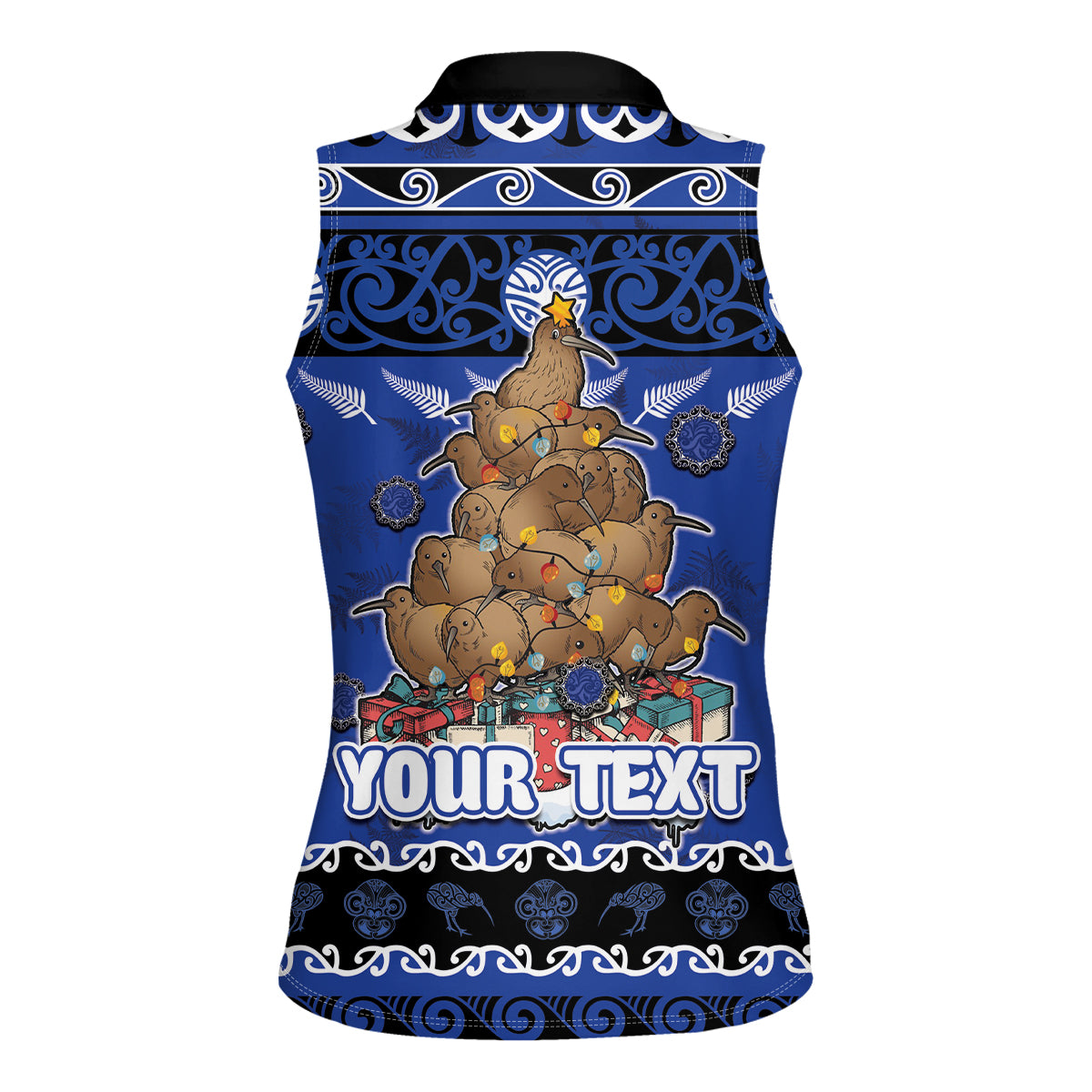 Personalised New Zealand July Christmas Women Sleeveless Polo Shirt Maori Kiwi Xmas Tree - Blue