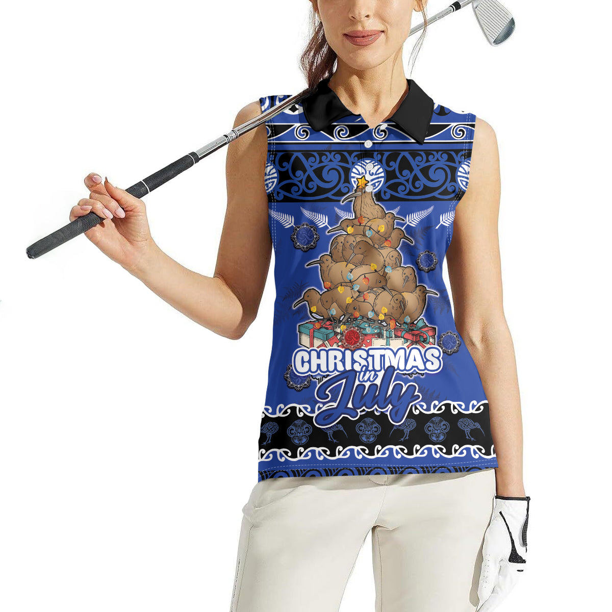 Personalised New Zealand July Christmas Women Sleeveless Polo Shirt Maori Kiwi Xmas Tree - Blue