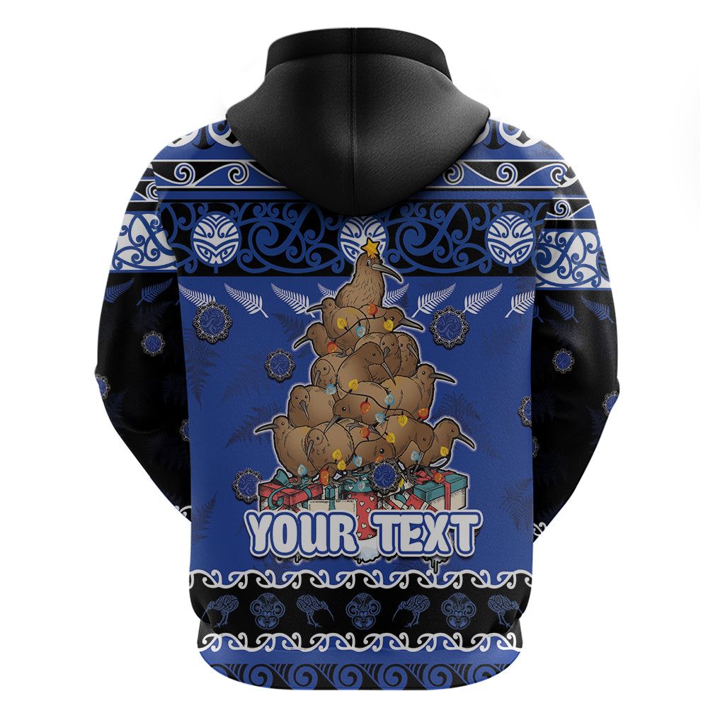Personalised New Zealand July Christmas Zip Hoodie Maori Kiwi Xmas Tree - Blue