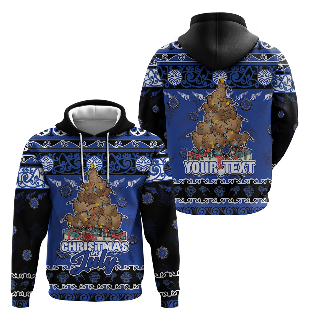 Personalised New Zealand July Christmas Zip Hoodie Maori Kiwi Xmas Tree - Blue