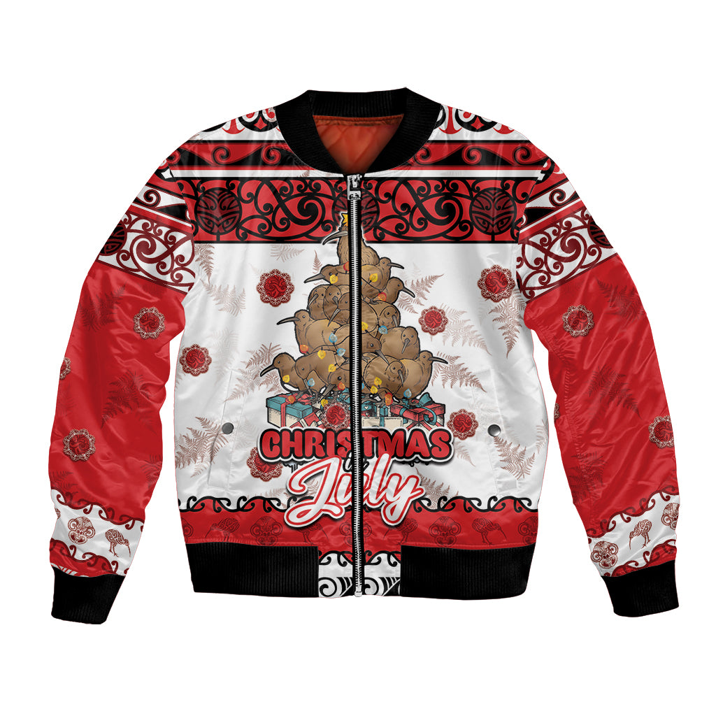 Personalised New Zealand July Christmas Bomber Jacket Maori Kiwi Xmas Tree - White
