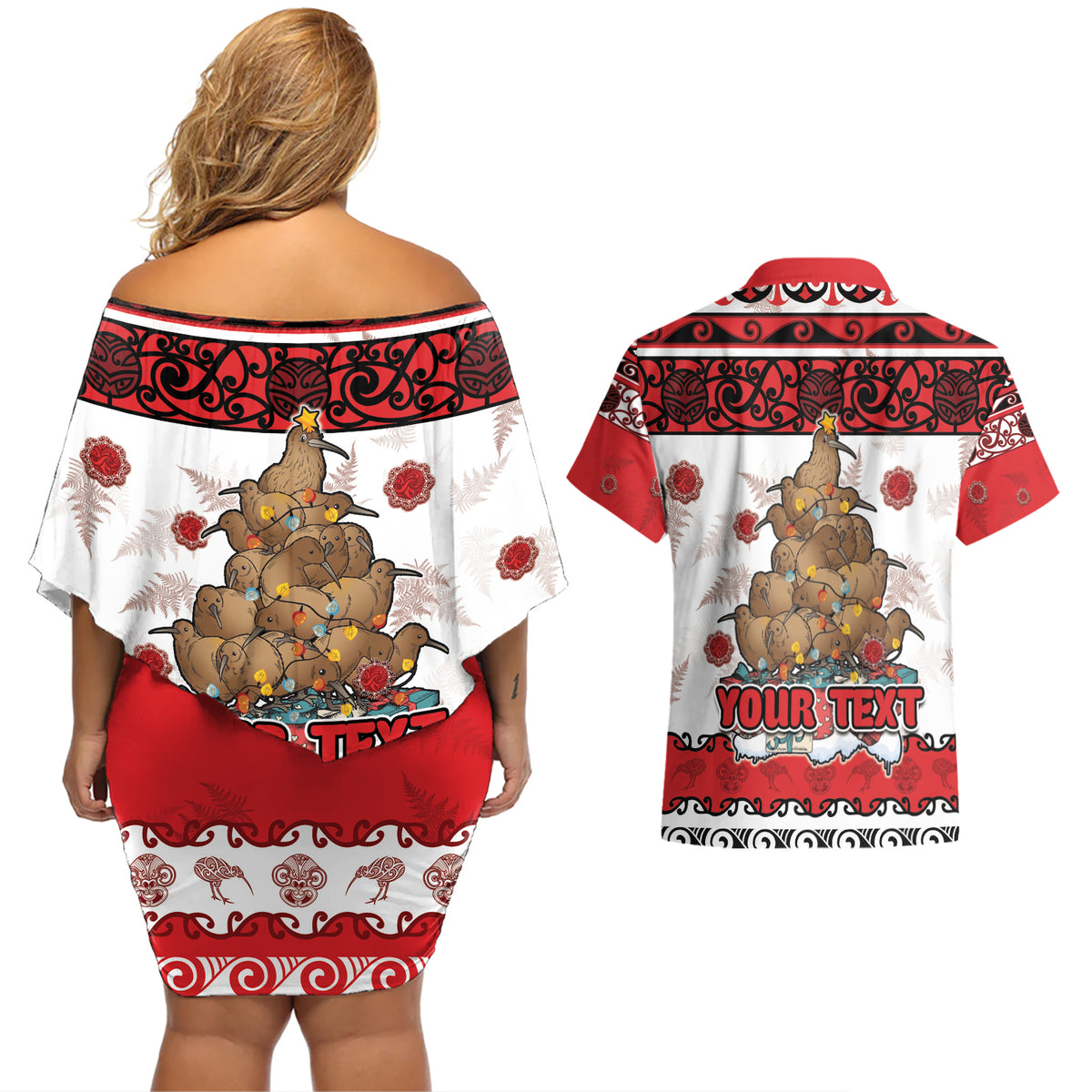 Personalised New Zealand July Christmas Couples Matching Off Shoulder Short Dress and Hawaiian Shirt Maori Kiwi Xmas Tree - White