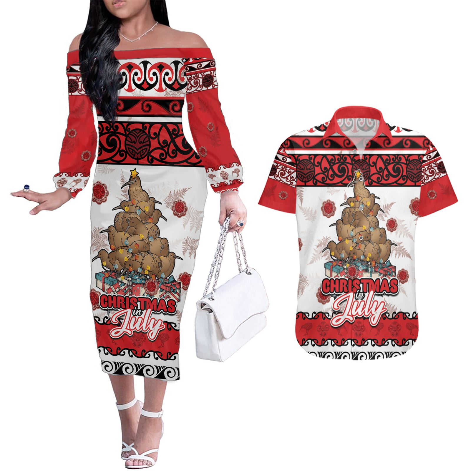 Personalised New Zealand July Christmas Couples Matching Off The Shoulder Long Sleeve Dress and Hawaiian Shirt Maori Kiwi Xmas Tree - White