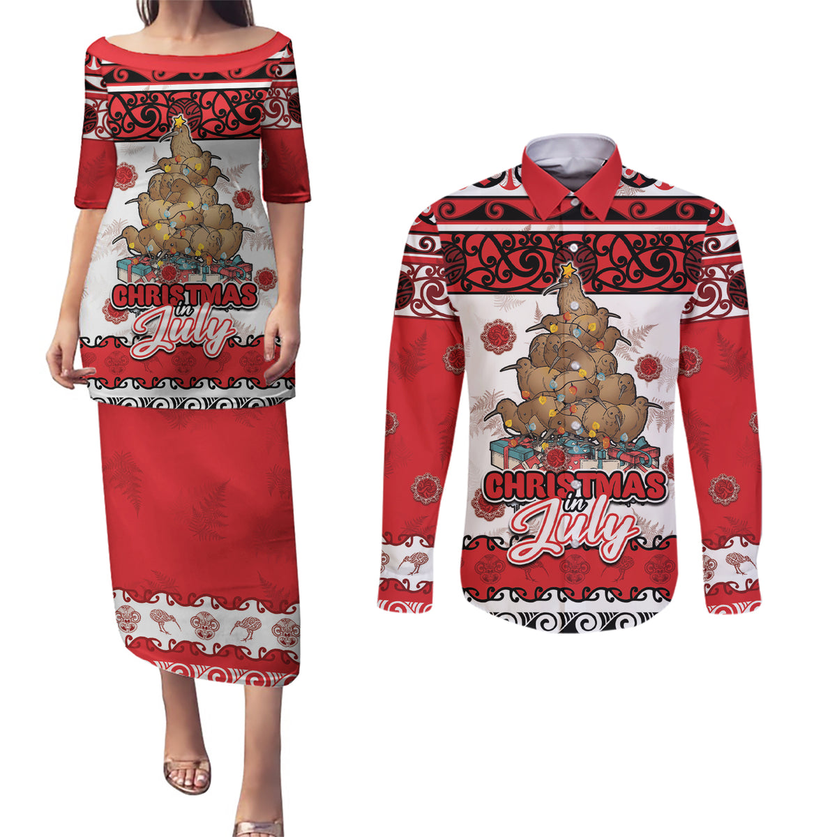 Personalised New Zealand July Christmas Couples Matching Puletasi and Long Sleeve Button Shirt Maori Kiwi Xmas Tree - White