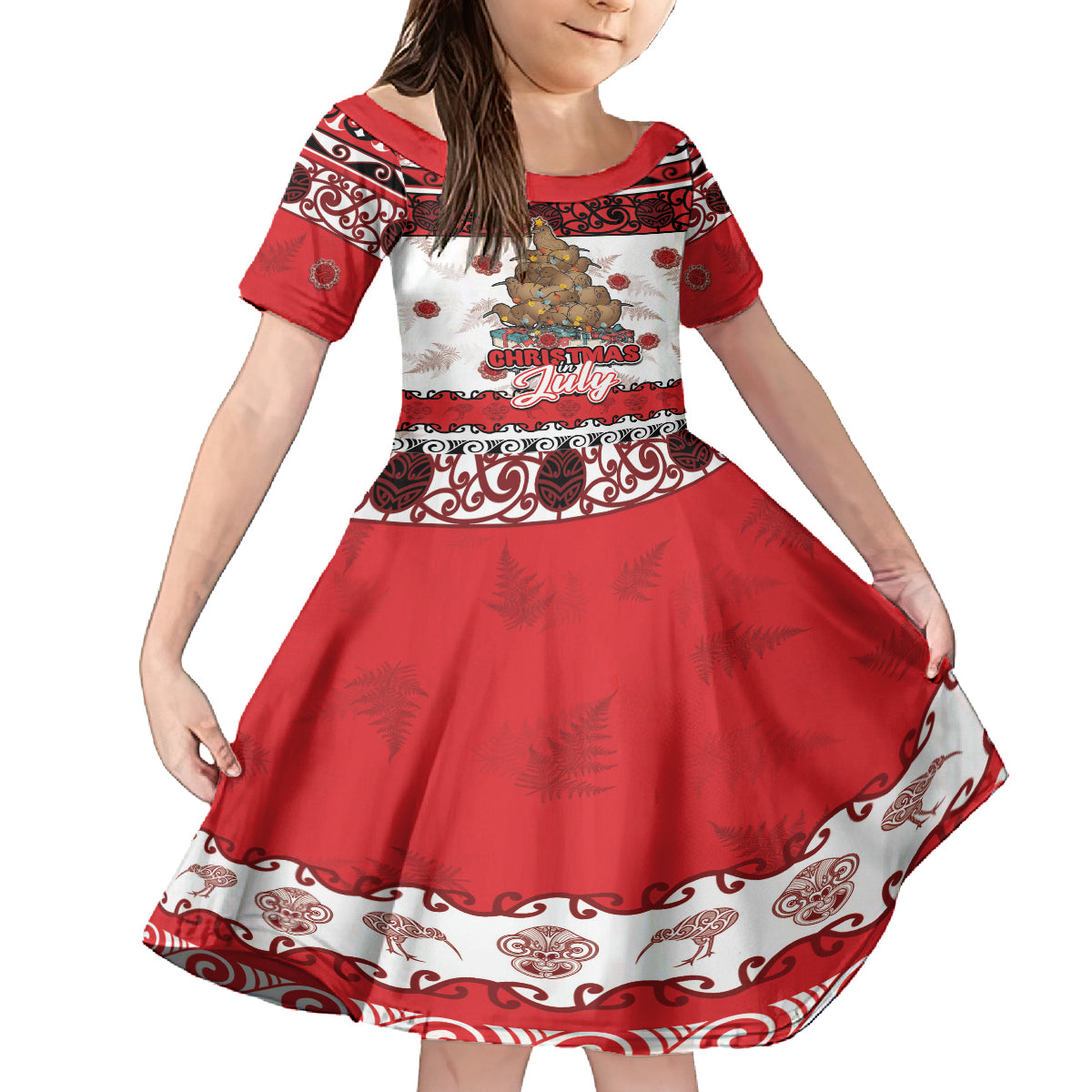 Personalised New Zealand July Christmas Family Matching Long Sleeve Bodycon Dress and Hawaiian Shirt Maori Kiwi Xmas Tree - White LT05 Daughter's Dress White - Polynesian Pride