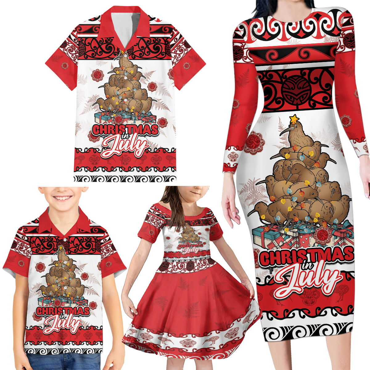 Personalised New Zealand July Christmas Family Matching Long Sleeve Bodycon Dress and Hawaiian Shirt Maori Kiwi Xmas Tree - White LT05 - Polynesian Pride
