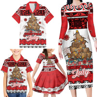 Personalised New Zealand July Christmas Family Matching Long Sleeve Bodycon Dress and Hawaiian Shirt Maori Kiwi Xmas Tree - White LT05 - Polynesian Pride