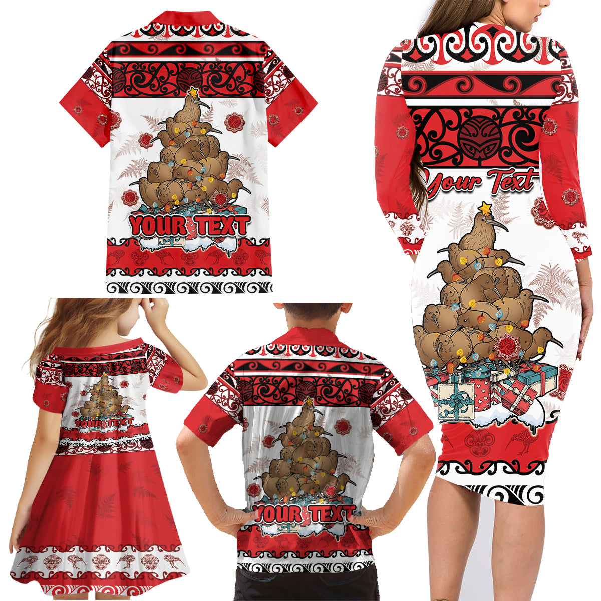 Personalised New Zealand July Christmas Family Matching Long Sleeve Bodycon Dress and Hawaiian Shirt Maori Kiwi Xmas Tree - White LT05 - Polynesian Pride