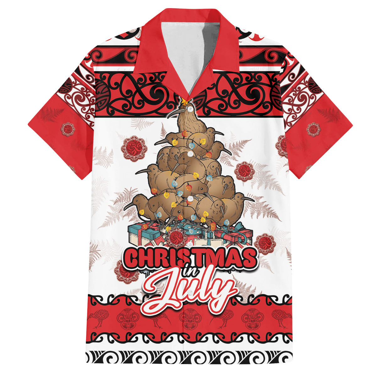 Personalised New Zealand July Christmas Family Matching Long Sleeve Bodycon Dress and Hawaiian Shirt Maori Kiwi Xmas Tree - White LT05 Dad's Shirt - Short Sleeve White - Polynesian Pride