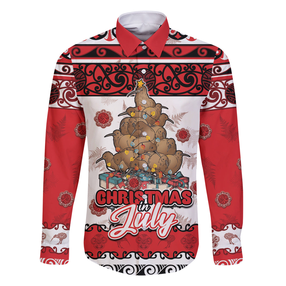 Personalised New Zealand July Christmas Family Matching Long Sleeve Bodycon Dress and Hawaiian Shirt Maori Kiwi Xmas Tree - White LT05 Dad's Shirt - Long Sleeve White - Polynesian Pride