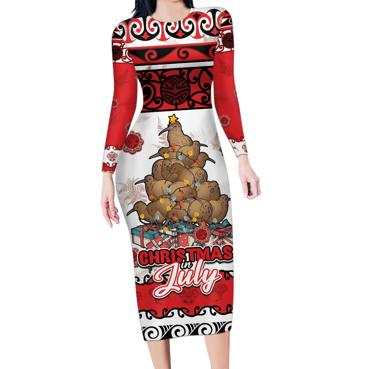 Personalised New Zealand July Christmas Family Matching Long Sleeve Bodycon Dress and Hawaiian Shirt Maori Kiwi Xmas Tree - White LT05 Mom's Dress White - Polynesian Pride