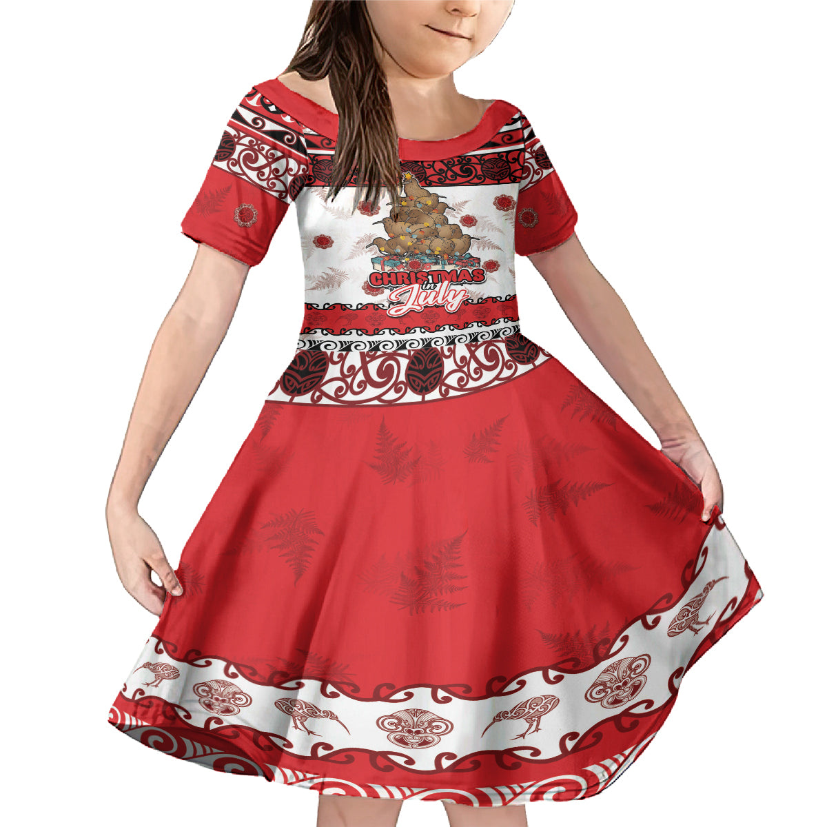 Personalised New Zealand July Christmas Family Matching Mermaid Dress and Hawaiian Shirt Maori Kiwi Xmas Tree - White