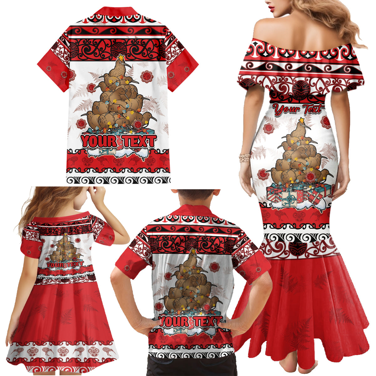 Personalised New Zealand July Christmas Family Matching Mermaid Dress and Hawaiian Shirt Maori Kiwi Xmas Tree - White