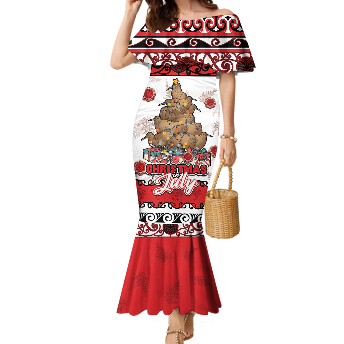 Personalised New Zealand July Christmas Family Matching Mermaid Dress and Hawaiian Shirt Maori Kiwi Xmas Tree - White