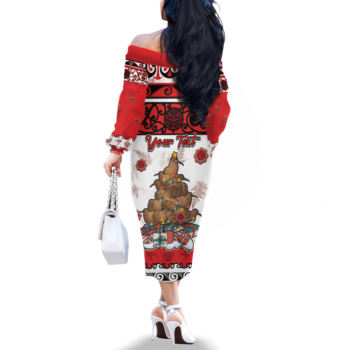 Personalised New Zealand July Christmas Family Matching Off The Shoulder Long Sleeve Dress and Hawaiian Shirt Maori Kiwi Xmas Tree - White