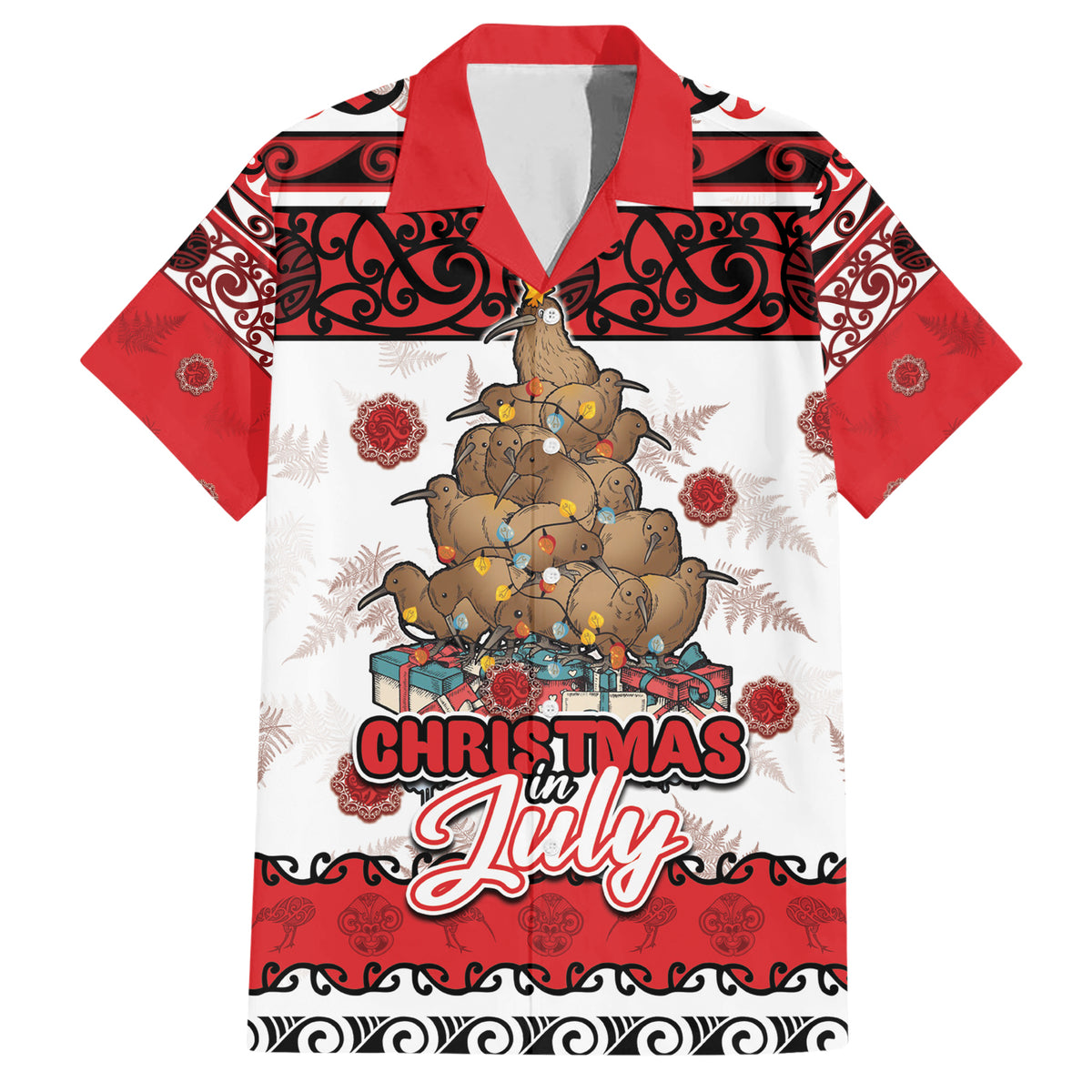 Personalised New Zealand July Christmas Family Matching Short Sleeve Bodycon Dress and Hawaiian Shirt Maori Kiwi Xmas Tree - White