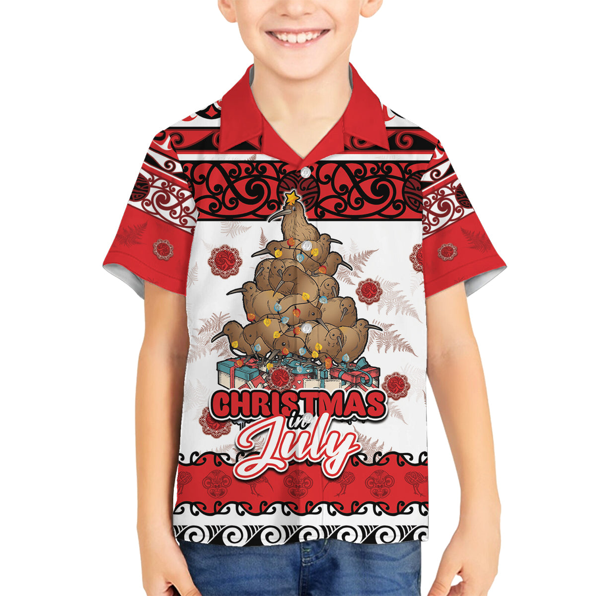 Personalised New Zealand July Christmas Family Matching Summer Maxi Dress and Hawaiian Shirt Maori Kiwi Xmas Tree - White