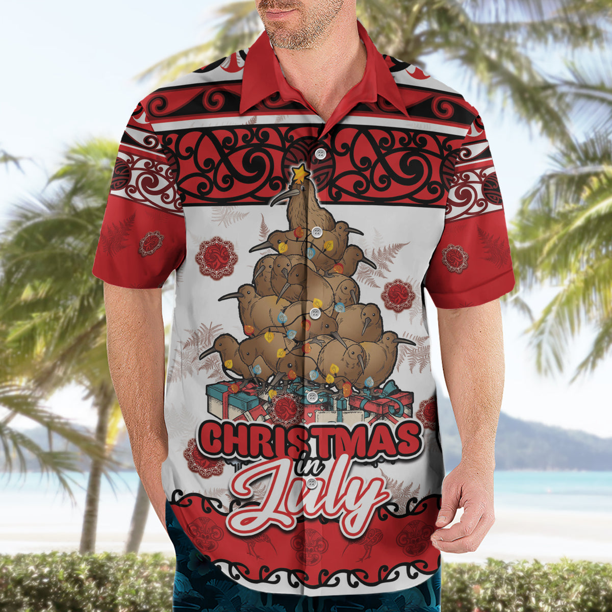 Personalised New Zealand July Christmas Hawaiian Shirt Maori Kiwi Xmas Tree - White