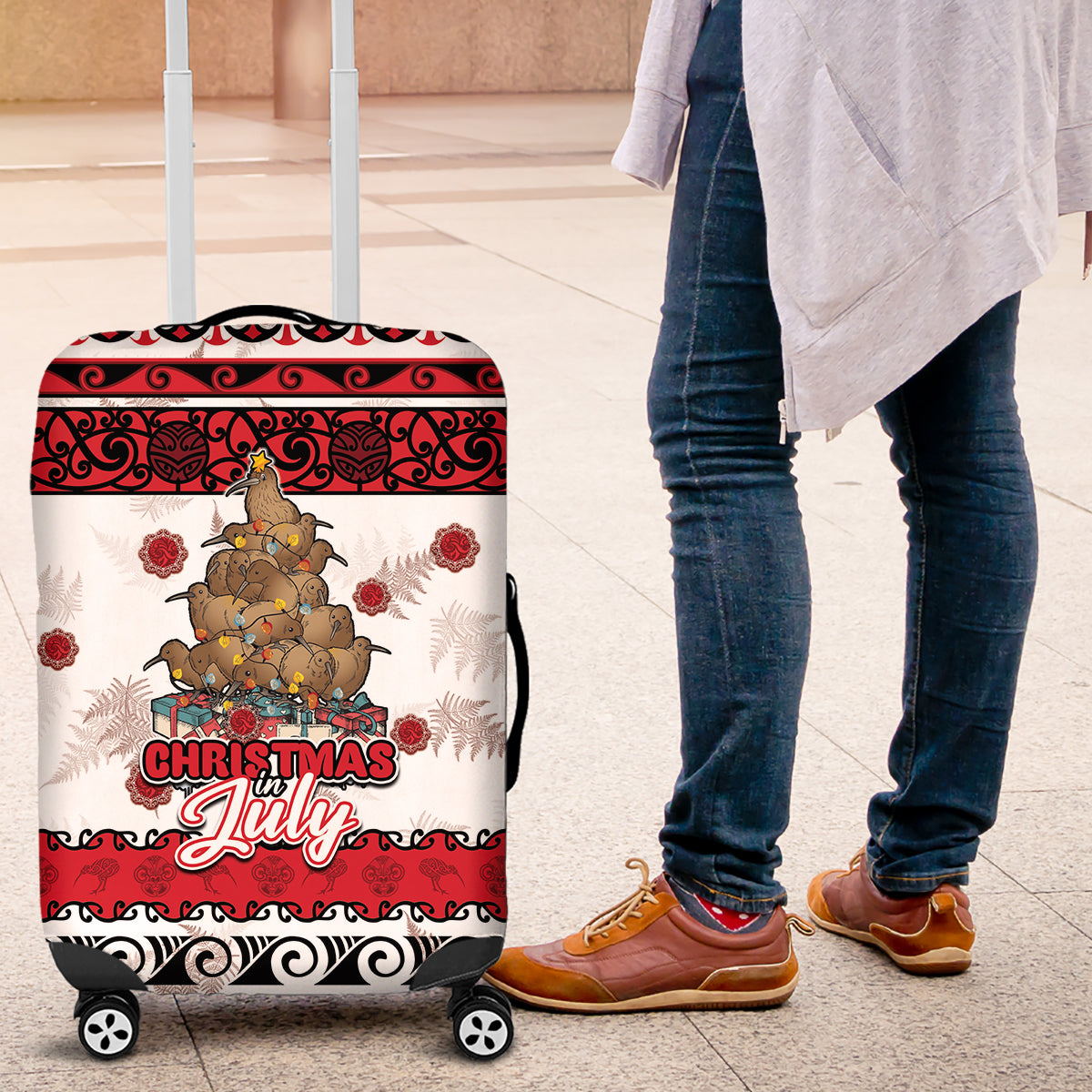 New Zealand July Christmas Luggage Cover Maori Kiwi Xmas Tree - White