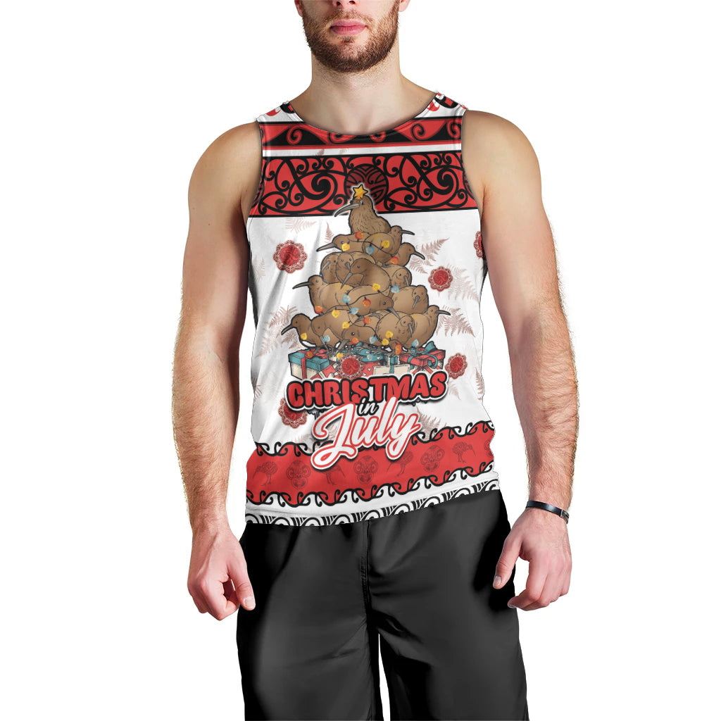 Personalised New Zealand July Christmas Men Tank Top Maori Kiwi Xmas Tree - White