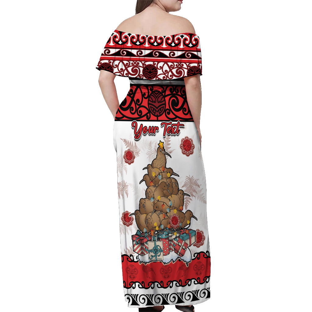 Personalised New Zealand July Christmas Off Shoulder Maxi Dress Maori Kiwi Xmas Tree - White LT05 - Polynesian Pride
