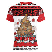 Personalised New Zealand July Christmas Women V-Neck T-Shirt Maori Kiwi Xmas Tree - White