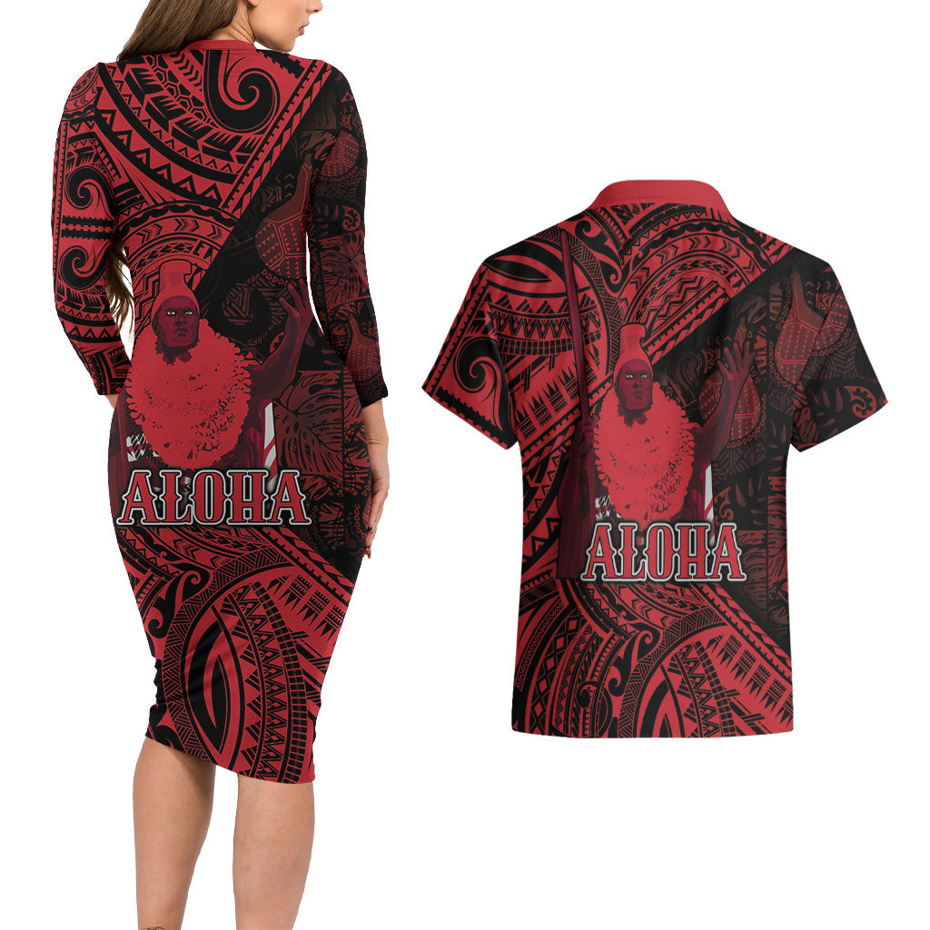 Hawaii King Kamehameha Couples Matching Long Sleeve Bodycon Dress and Hawaiian Shirt With Hawaiian Ipu Motifs Red Version