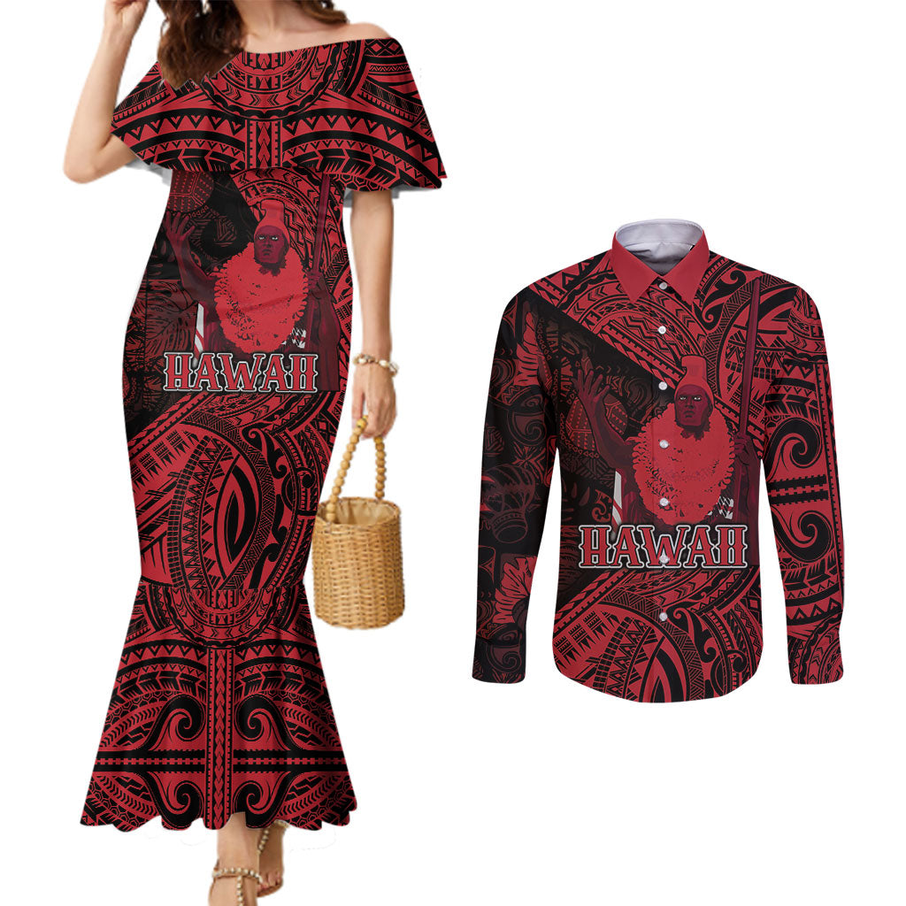 Hawaii King Kamehameha Couples Matching Mermaid Dress and Long Sleeve Button Shirt With Hawaiian Ipu Motifs Red Version