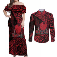 Hawaii King Kamehameha Couples Matching Off Shoulder Maxi Dress and Long Sleeve Button Shirt With Hawaiian Ipu Motifs Red Version