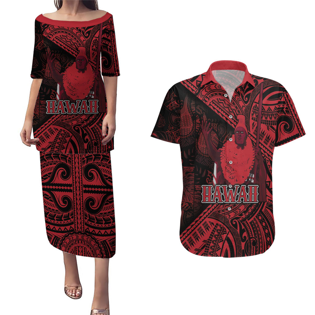 Hawaii King Kamehameha Couples Matching Puletasi and Hawaiian Shirt With Hawaiian Ipu Motifs Red Version LT05 Red - Polynesian Pride