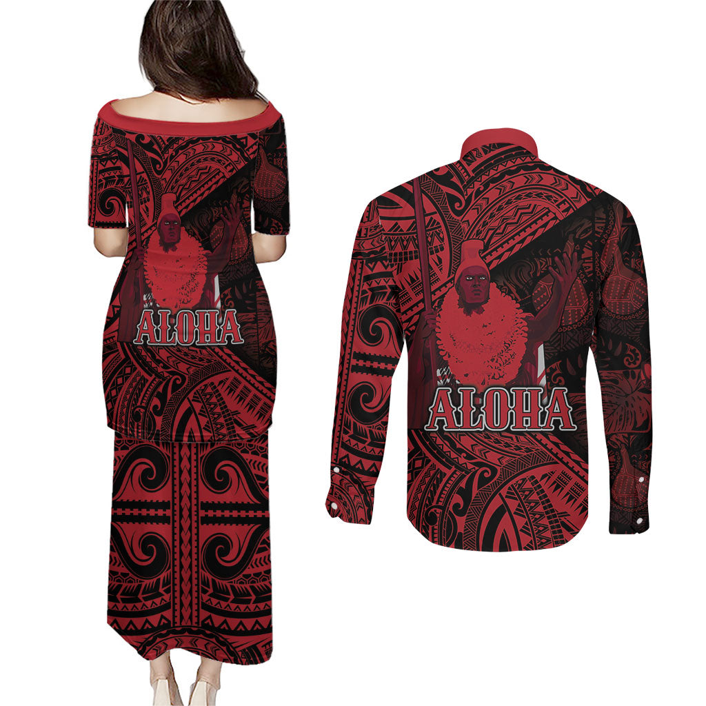 Hawaii King Kamehameha Couples Matching Puletasi and Long Sleeve Button Shirt With Hawaiian Ipu Motifs Red Version