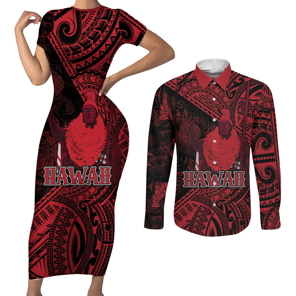 Hawaii King Kamehameha Couples Matching Short Sleeve Bodycon Dress and Long Sleeve Button Shirt With Hawaiian Ipu Motifs Red Version LT05 Red - Polynesian Pride